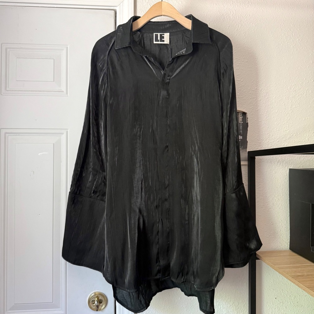 NWT LOCAL EUROPEAN black shimmer crinkle long sleeve batwing oversized button up